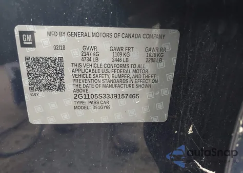 2018 Chevrolet Impala 1Lt из США, поврежденный, VIN 2G1105S33J9157465